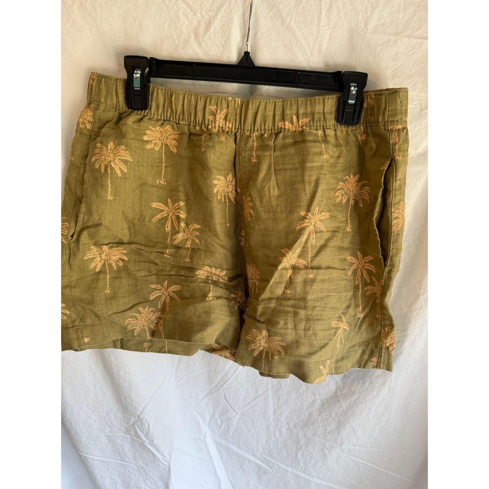CC California Womens Olive Green 100% Linen Palm Tree Embroidered Shorts Size L
